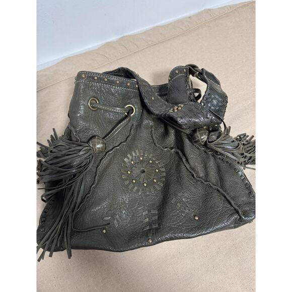 Jamie Drake Hobo Shoulder Bag Womens Olive Green Leather Drawstring Tassel Boho - Picture 6 of 14